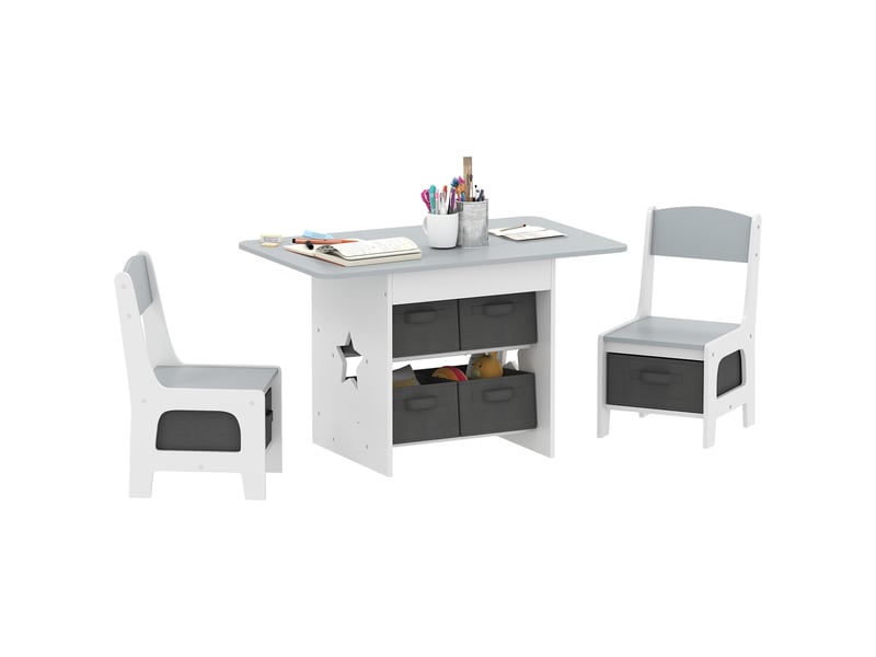  Table enfant avec 2 chaises et 6 tiroirs en tissu, motif étoiles, pour garçons et filles de 3 à 8 ans, gris clair  - Conforama A