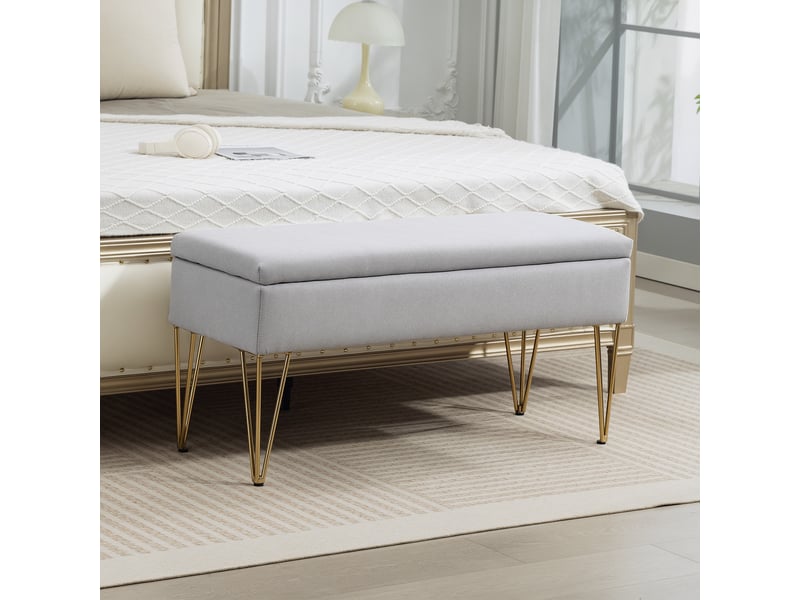  Banc de chevet avec rangement en tissu et pieds en acier, 100 x 40 x 49 cm, gris clair  - Conforama C