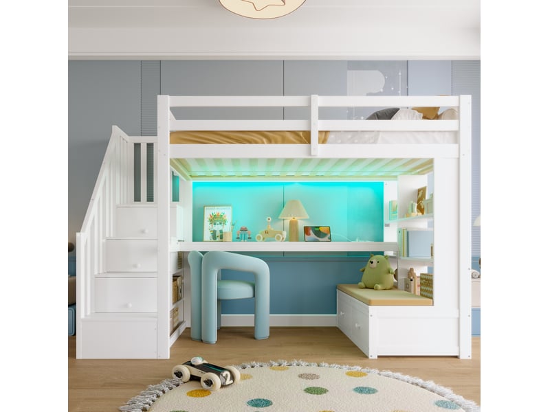  Lit mezzanine 90x200 cm blanc avec bureau, étagères, 2 tiroirs, escalier de rangement et led, sans matelas  - Conforama B