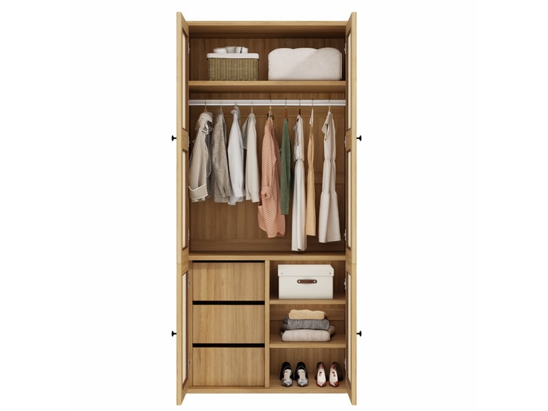 Armoire 90x47x200 cm en mdf coloris chêne avec portes en rotin et 3 tiroirs - Conforama A