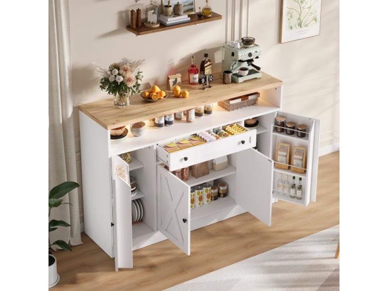  Buffet avec éclairage led rgb, 140x35x95 cm, 4 portes et 1 tiroir, mdf, couleur blanc, design moderne  - Conforama B