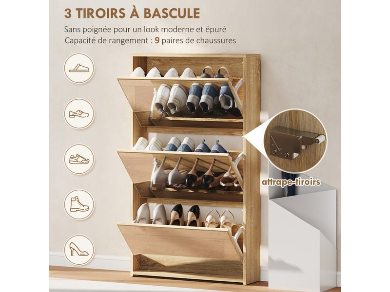 Meuble à chaussures 3 tiroirs à miroirs pour 9 paires coloris naturel 65x17x114,5 cm  - Conforama D