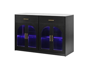 Îlot de cuisine avec grand plan de travail 135x55x91 cm – noir – led, 2 tiroirs et étagères réglables