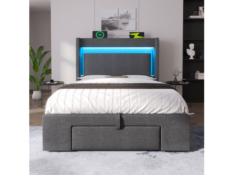  Modenvie lit coffre 90x200 cm - rangement hydraulique, led et ports usb usb-c, avec matelas - gris  - Conforama D