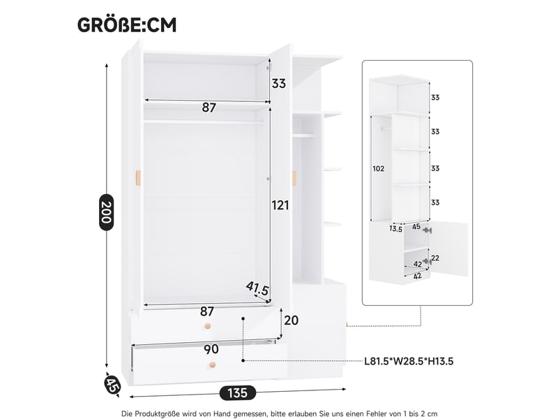 Armoire blanche 135 cm avec 2 tringles, 2 tiroirs et module latéral modulable pour votre rangement quotidien - Conforama C