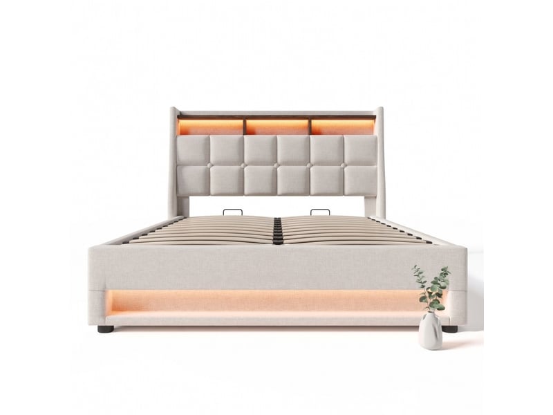 Lit coffre 160x200 cm avec led, port usb et matelas en lin - Conforama A
