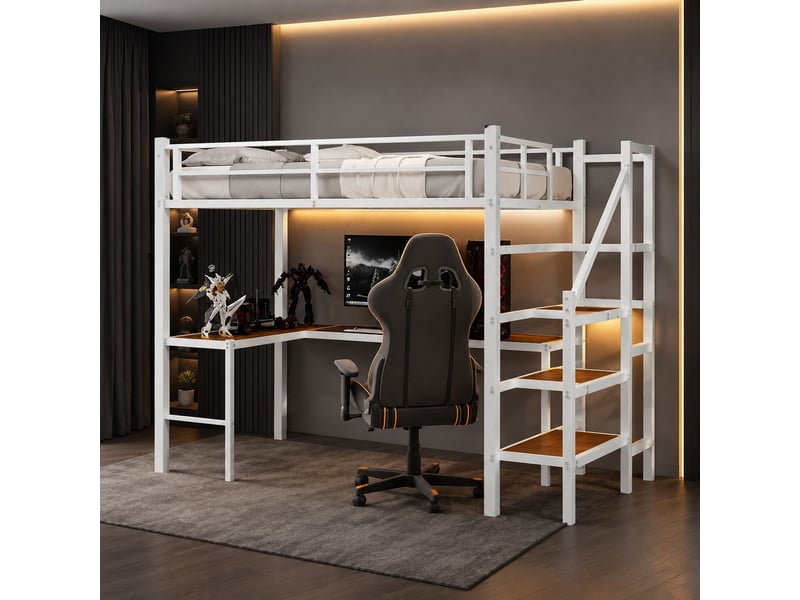  Lit mezzanine avec bureau et rangement en fer blanc  - Conforama B