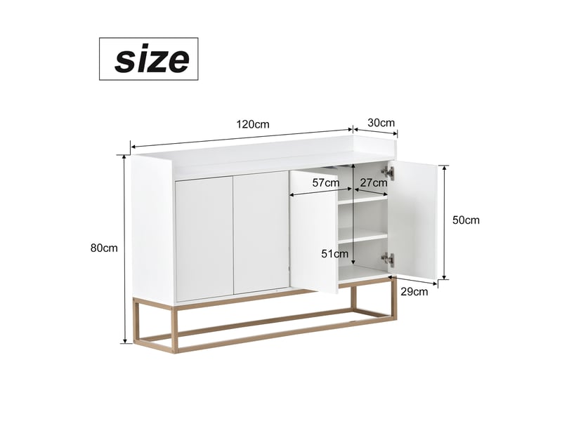  Meuble bas de cuisine 120 cm, buffet de rangement moderne avec 4 portes, étagère réglable et support en métal  - Conforama C
