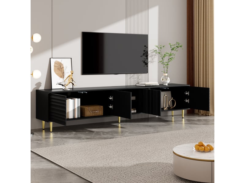  Meuble tv 4 portes avec niche ouverte façade texturée sans poignées pieds métal pour salon  - Conforama B