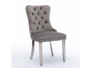 Lot de 2 chaises de salle à manger en velours gris, dossier haut capitonné, clous décoratifs, pieds finition chrome, structure en bois massif