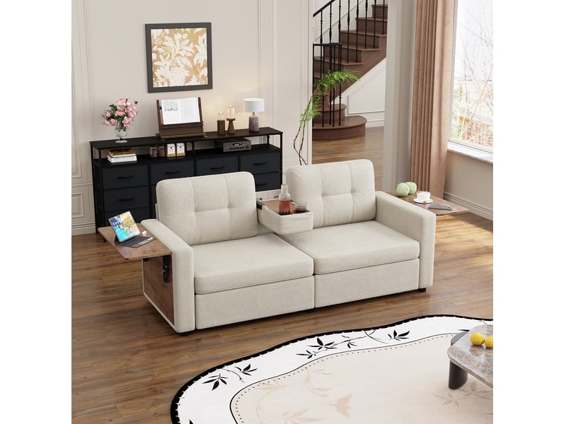 Canapé droit 2 places avec deux tiroirs, tablettes réglables et porte-gobelets, en chenille beige - Conforama C