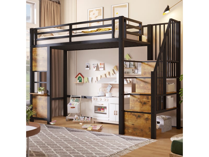  Lit superposé 90x200 cm, lit enfant, rangement, échelle sécurisée, barrière antichute, bois et métal noir  - Conforama E