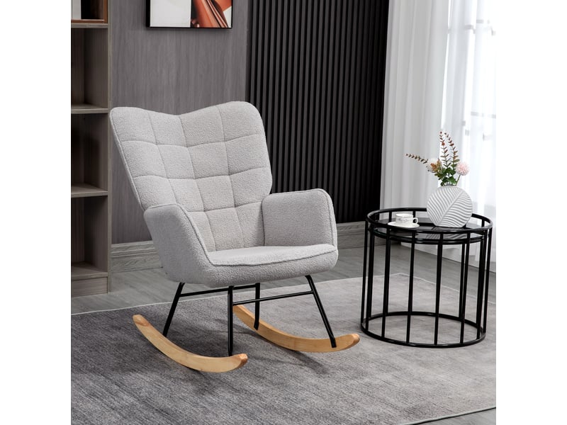  Fauteuil à bascule capitonné en bois et acier, revêtement en bouclé, 71 x 98 x 101 cm, gris  - Conforama D