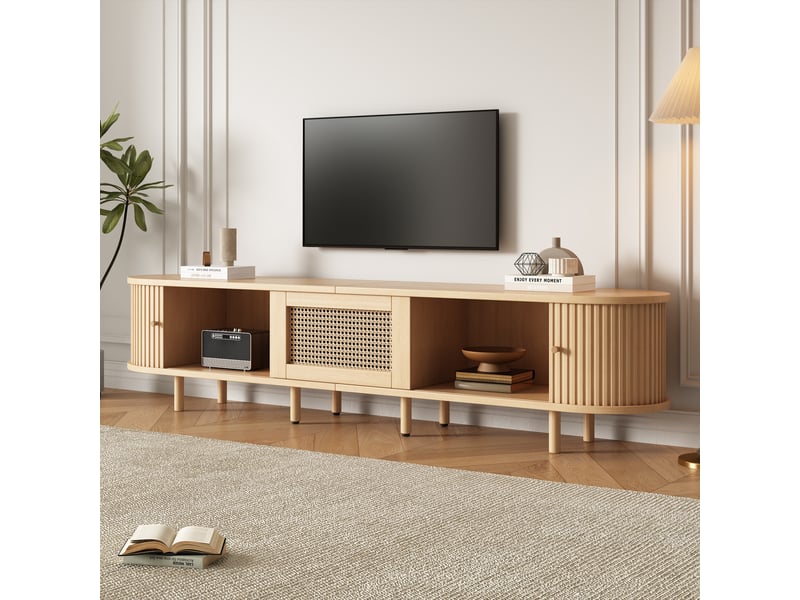 Meuble tv bas 180x40x40 cm en mdf, design arrondi avec porte coulissante rainurée et cannage rotin, tiroir, rangement salon tv 75 pouces - bois naturel - Conforama C