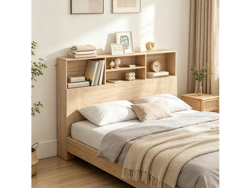  Tête de lit avec 4 niches ouvertes et fixation murale, rangement pour chambre, naturel, 140 × 19 × 103,5 cm  - Conforama D