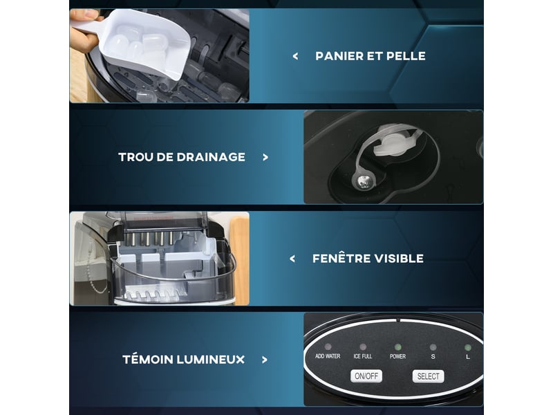  Machine à glaçons réservoir eau 1,7 l capacité réservoir glace 0,9 kg pelle et panier inclus 9 glaçons6-12minutes  - Conforama E