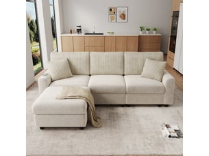 Canapé d'angle gauche fixe 4 places tissu beige avec coffre de rangement