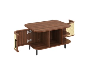 Table basse en noyer avec rangement 80x60 cm - forme incurvée, portes tressées, pieds métal