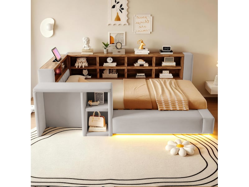  Lit, 90x200 cm, doté d’un espace de rangement, led, prises intégrées, table d'appoint, matelas non inclus, coloris gris  - Conforama D