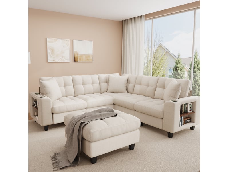  Canapé modulable 5 pl 216,5x216,5x83cm, angle avec repose-pieds, rangement, chenille beige.  - Conforama E