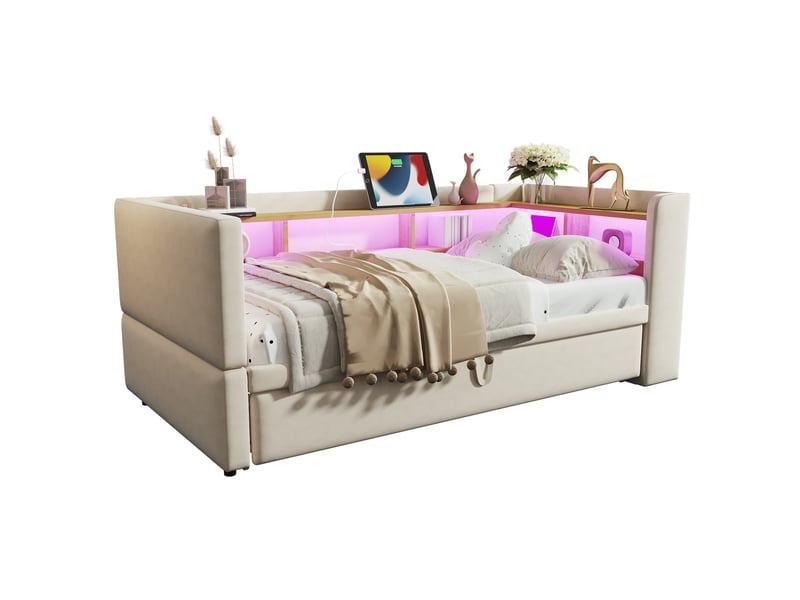  Lit gigogne enfant 90x190 cm, canapé-lit, rangement, prises, sommier, éclairage led, flanelle beige, sans matelas  - Conforama A