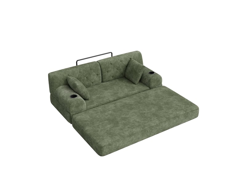  Canapé droit convertible 2 places en velours côtelé vert 168 x 80 x 81 cm, dossier haut, porte-gobelets, poches 168x80x81cm - Conforama A
