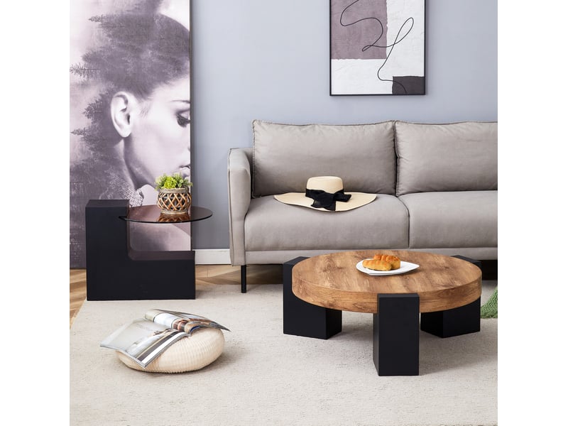  Table basse ronde à 2 niveaux avec plateau en verre transparent et pieds en l modulables, pour salon, noir et bois  - Conforama C