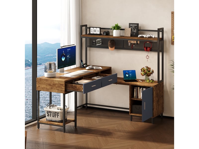  Bureau d'angle en l 140x140x135cm - bureau informatique industriel avec surmeuble, étagère, 2 tiroirs et caisson - noir  - Conforama D