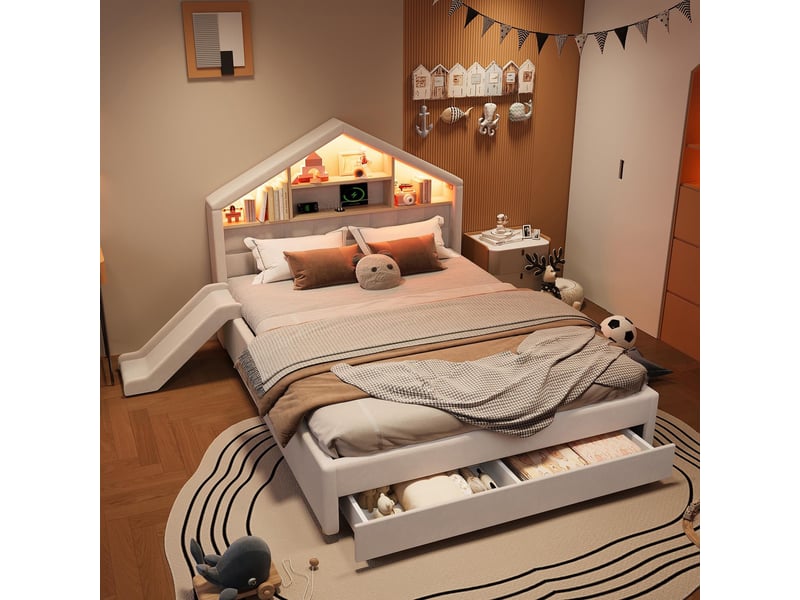  Lit cabane 140x200cm - lit enfant rembourré avec toboggan réversible, led, prises usb, étagère et tiroir de lit - beige  - Conforama D