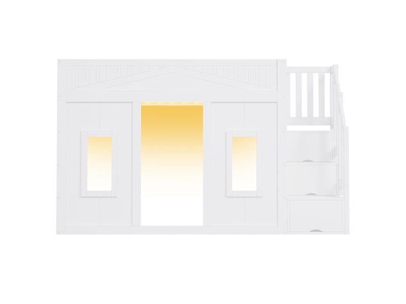 Lit mezzanine 90x200 cm - avec escalier de rangement et barrières de sécurité - éclairage led - design façon fenêtre - mdf - blanc - Conforama W