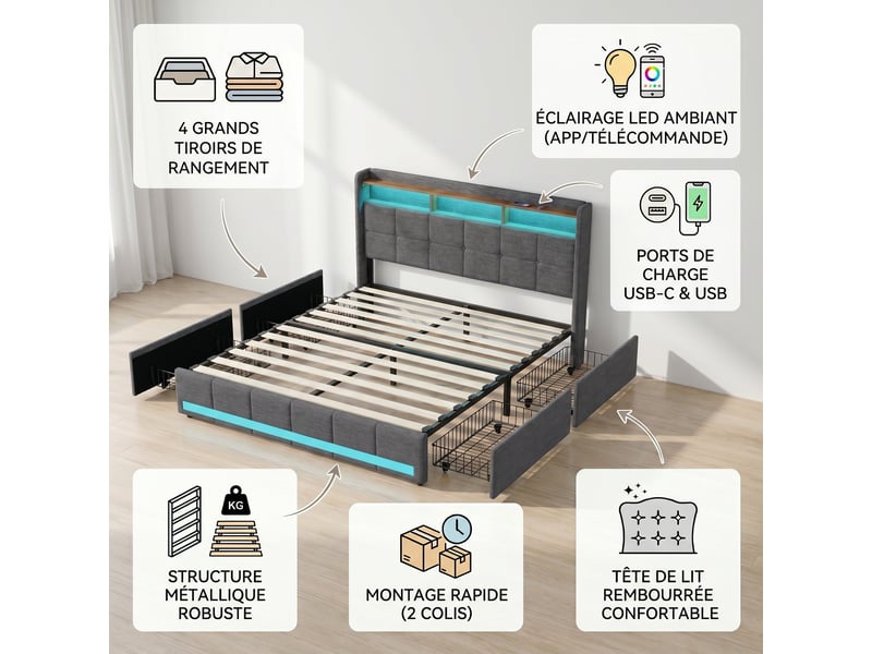  Lit double adulte 180x200 cm avec 4 tiroirs et led rgb, king size, tête de lit avec étagère et ports usb, lit capitonné en lin, girs  - Conforama C