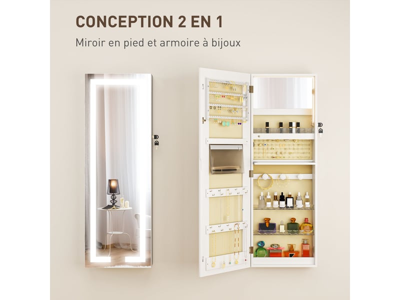  Armoire à bijoux avec led, organisateur de bijoux muralde porte verrouillable avec miroir, blanc, 37 x 10,5 x 108 cm  - Conforama A