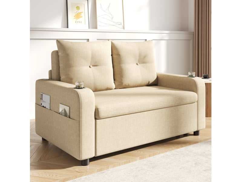 Canapé convertible 3 en 1, canapé lit 2 places en tissu beige, avec ports usb et porte-gobelets, pour salon et chambre, 131x81x94cm - Conforama D