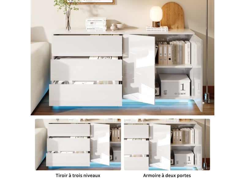  Kefsr buffet blanc brillant avec led - meuble tv &amp; bahut moderne 2 portes 3 tiroirs, sans poignée, design laqué pour salon, salle à manger et entrée (160x35x76cm)  - Conforama R