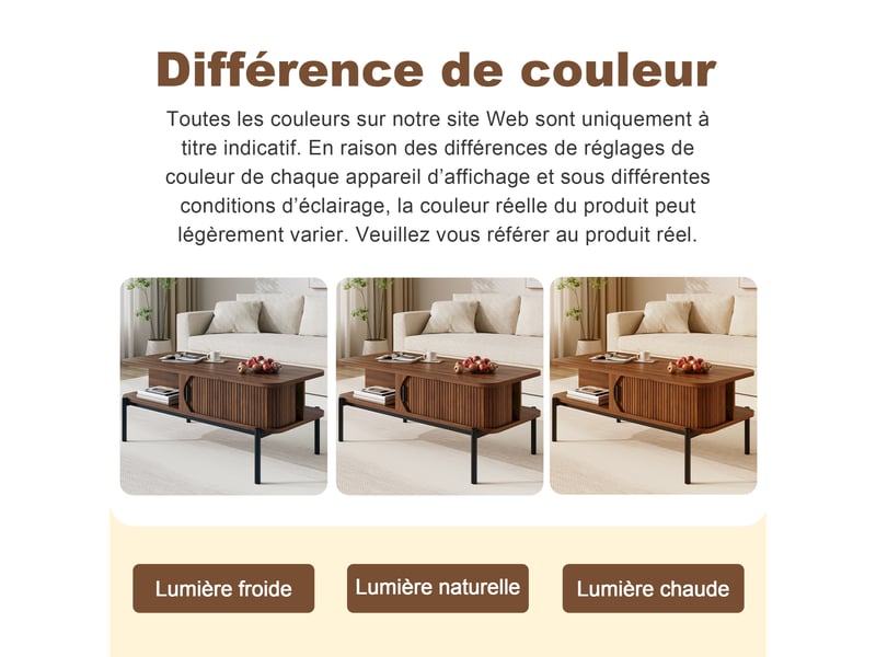  Table basse 100×45×43 cm en mdf et métal noir, avec portes coulissantes, niches latérales, angles arrondis  - Conforama D