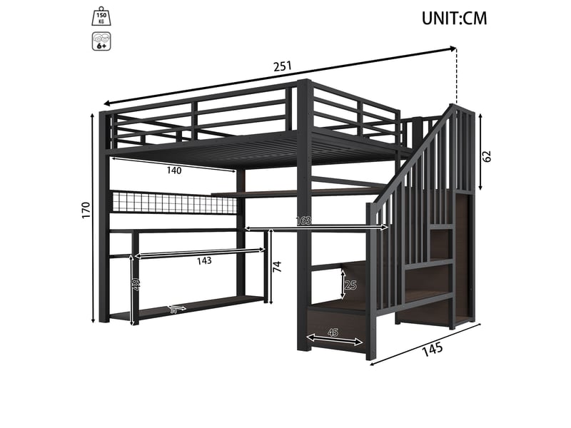  Lit mezzanine double 140×200 cm avec led, bureau, armoire et rangements - okmyhome- métal noir, sans matelas  - Conforama D