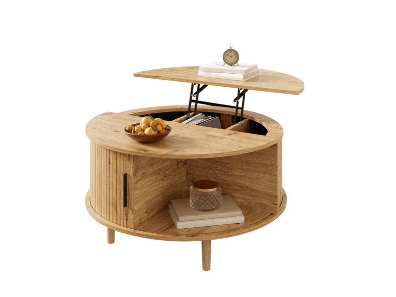 Table basse ronde relevable avec rangement et porte coulissante, mdf décor chêne - Conforama A
