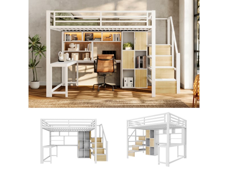  Lit mezzanine 140x200 cm avec bureau, escalier de rangement, placards et led, structure métal blanche, pour chambre enfant  - Conforama B