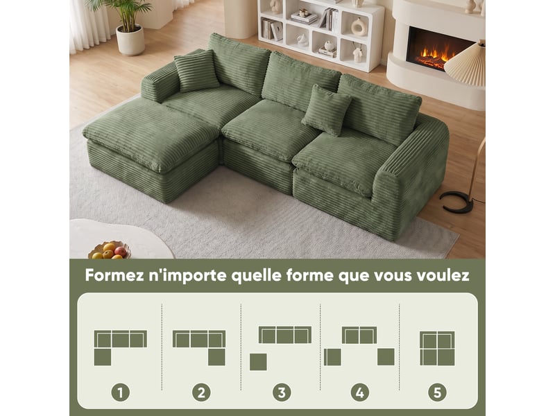 Canapé modulable compression 3 places,canapéà d'angle en l,280x180x65cm,velours côtelé,mousse et ressorts,vert - Conforama D