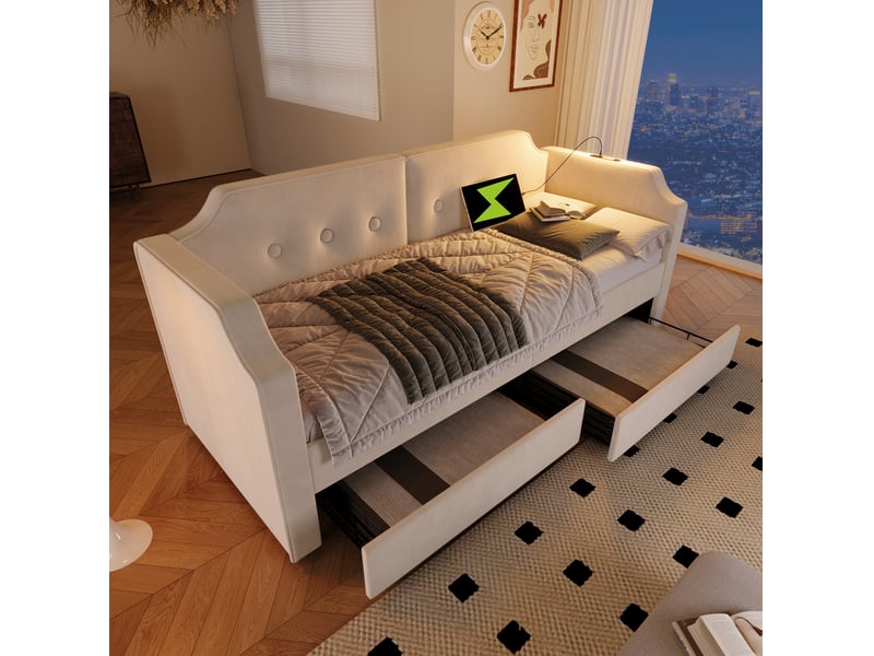  Lit banquette 90x200 cm en velours beige avec 2 tiroirs, usb-c et lampe  - Conforama B
