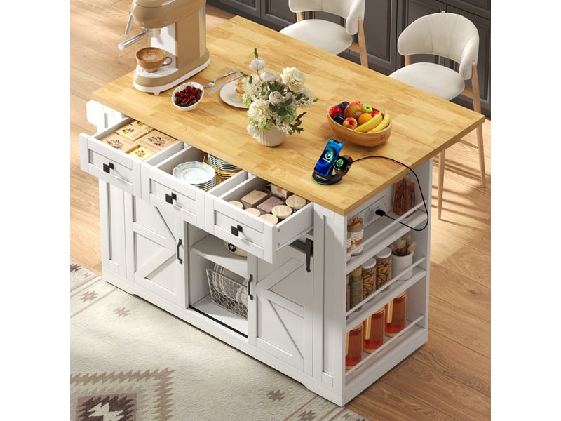  Ilot central de cuisine - 130x80x87cm - desserte avec plateau rabattable portes coulissantes prises et usb - blanc et bois  - Conforama D