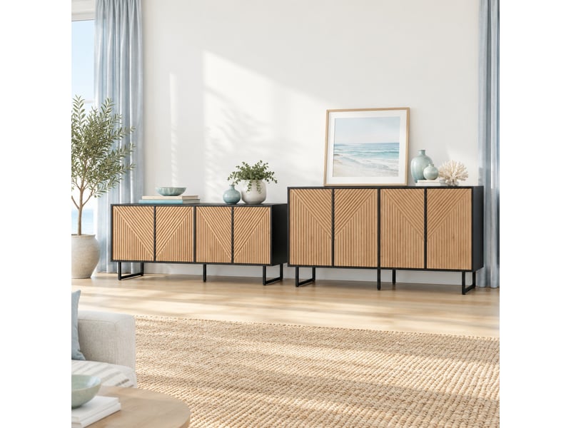  Lot de 2 meubles de salon : meuble tv et buffet 4 portes couleur bois naturel et noir  - Conforama C