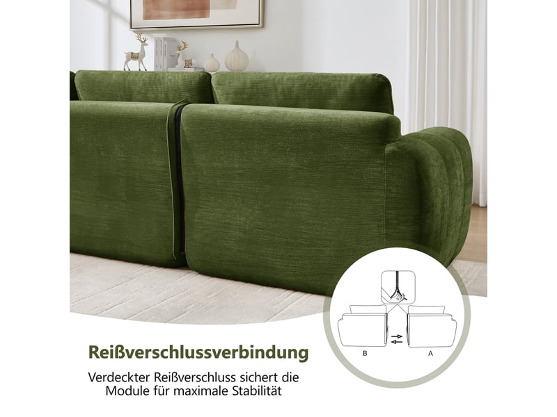 Canapé modulable sans cadre en l 4 places vert, chenille, capitonnage quadrillé, assise profonde, avec 1 pouf, sans montage - Conforama E