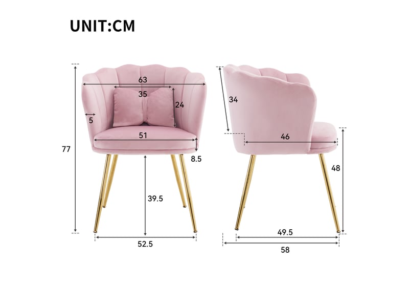  Lot de 4 chaises rembourrées à dossier pétale avec coussins de soutien et pieds métalliques dorés, en velours rose  - Conforama D