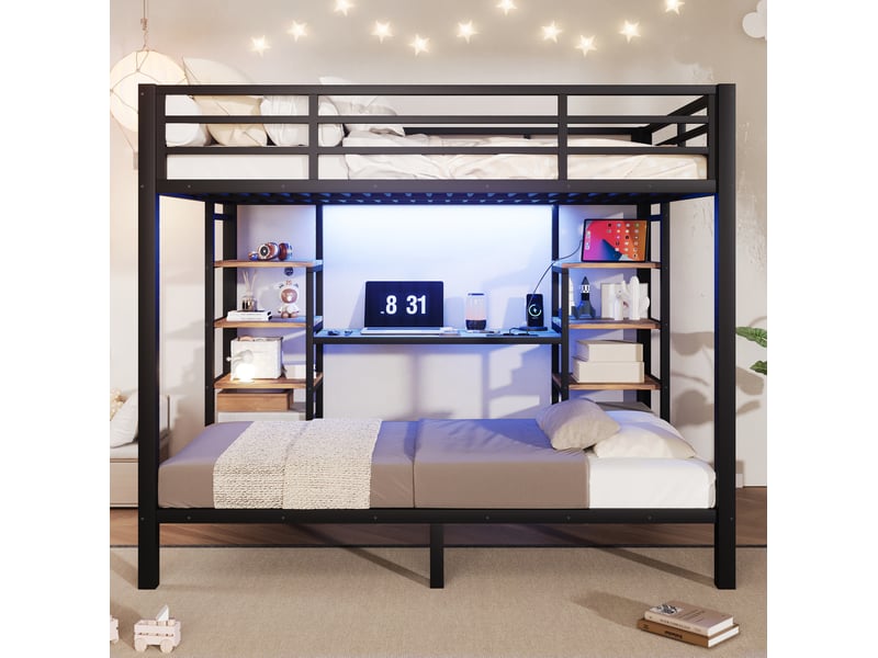  Lit superposé 90x200 cm et 140x200 cm avec led et rangements noir  - Conforama E