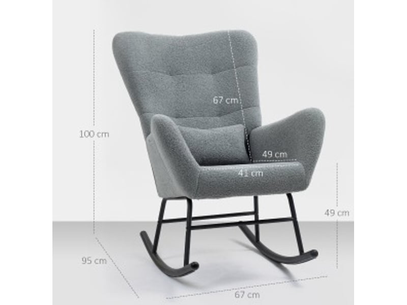 Fauteuil à bascule avec accoudoirs, coussin lombaire et poche latérale, assise rembourrée en tissu teddy gris - Conforama C