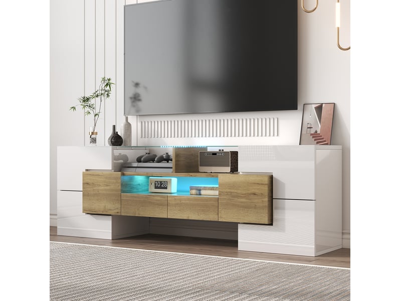  Meuble tv modenvie 145 x 30 x 51 cm led multicolore blanc brillant et bois  - Conforama B