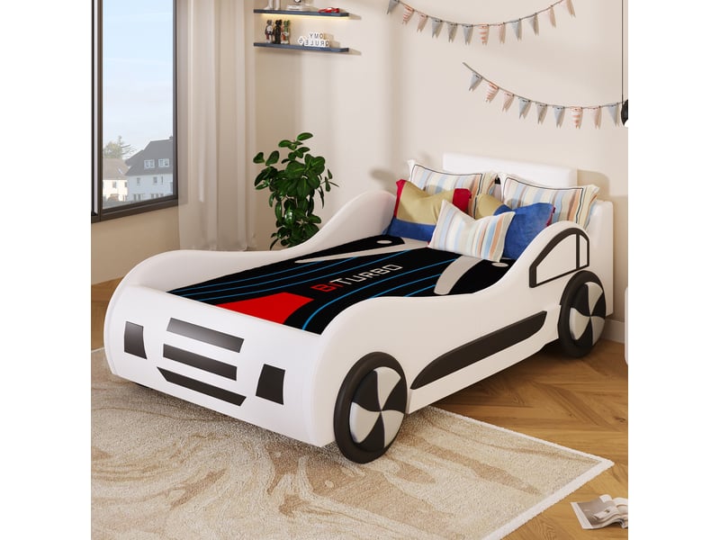  Lit enfant voiture 90x200 cm avec rangement hydraulique, sommier à lattes, mdf et pu  - Conforama C