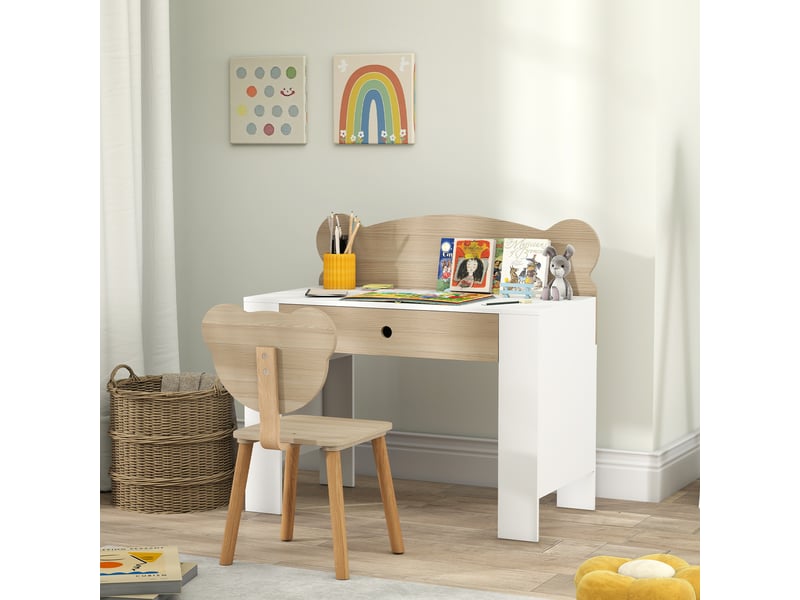  Ensemble bureau enfant, table et chaise en forme d'ours, tiroir, pour écrire et bricoler, 3-8 ans, bois naturel  - Conforama C