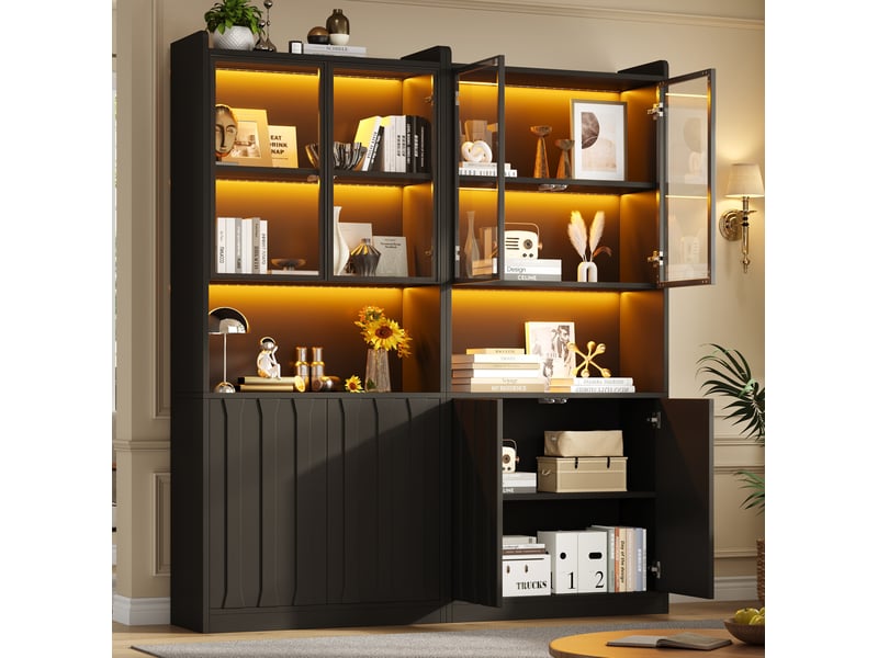  Vitrine led 160x35x200 cm avec portes en verre panneau de particules noir  - Conforama B
